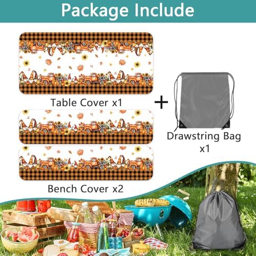 Fall Picnic Table Cover with Bench Covers, Camping Essentials, Thanksgiving Buffalo Plaid Floral Waterproof Windproof, Fitted Tablecloth Cover with Elastic Edge, Indoor & Outdoor, 3 PCS, 30x72 Inch - Image 6