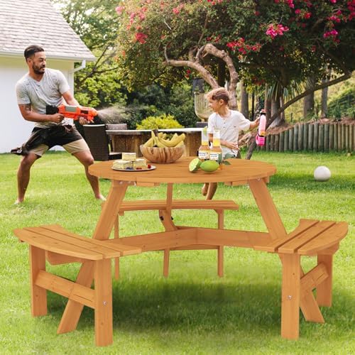 Giantex 6-Person Round Picnic Table Set with 3 Benches, 550 LBS Bench Capacity, 2" Umbrella Hole, Circular Outdoor Wood Dining Table & Chairs for Patio Yard Garden Porch Deck (68”x62”x28”,Yellow) - Image 3