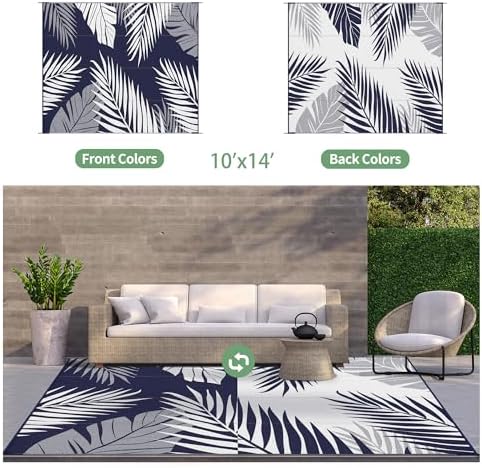 GENIMO Outdoor Rug, Waterproof Plastic Rugs 10'x14' for Camping Blue White - Image 2