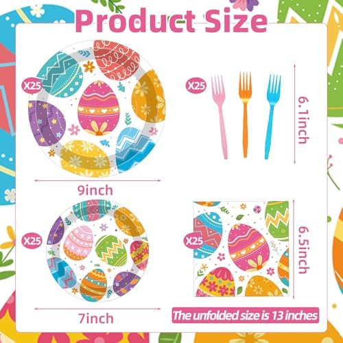 100 Pcs Easter Egg Tableware Party Supplies Set, Serves 25 – Disposable Colorful Eggs Paper Plates, Napkins, and Forks for Spring Celebration, Easter Day Egg Hunt, or Holiday Brunch Decorations - Image 2
