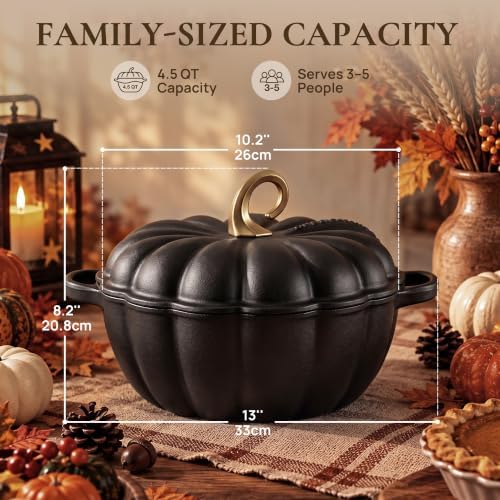 Overmont Pumpkin Enameled Cast Iron Dutch Oven with Lid,4.5 QT,Black - Image 5