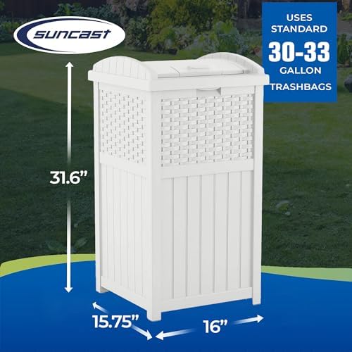 Suncast Hideaway Outdoor Trash Can with Lid - 30 Gallon Trash Can, White, Decorative Wicker-Style Garbage Bin, Weather-Resistant Resin, Fits 30-33 Gallon Bags, Ideal for Patio & Yard, Made in USA - Image 3