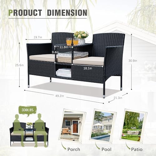 Greesum Patio Loveseat Outdoor Wicker Furniture Conversation Set,Beige - Image 7