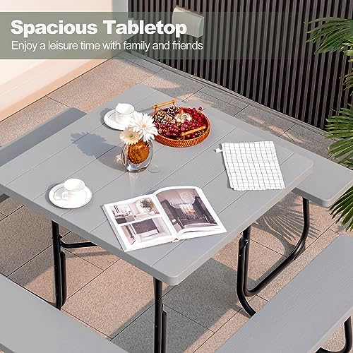 Tangkula 8 Person Square Picnic Table with 4 Built-in Benches, Grey - Image 5