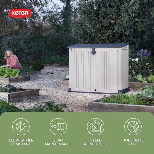 Keter Store-It-Out MIDI Outdoor Resin Storage Shed – Weather-Resistant Horizontal Cabinet for Trash Cans, Garden Tools & Patio Accessories – Lockable, Easy-Lift Lid, 30 Cu. Ft. Capacity, Beige - Image 5