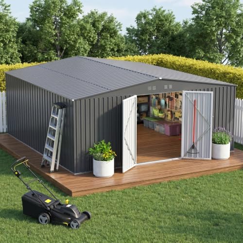 14 x 12 FT Outdoor Storage Shed, Heavy-Duty Galvanized Steel Tool Shed with Reinforced Frame, Lockable Double Door & Side Vents for Backyard Large Equipment,Dark Gray by Unknown