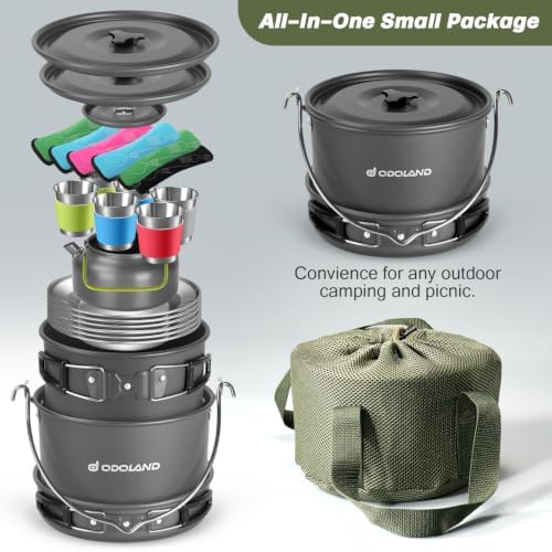 Odoland 39pcs Camping Cookware Mess Kit, Non-Stick Large Size Hanging Pot Pan Kettle with Base Dinner Cutlery Sets for 6 and More, Cups Dishes Forks Spoons Kit for Outdoor Camping Hiking Picnic - Image 3