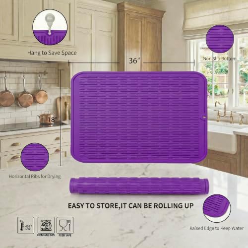 MicoYang Silicone Dish Drying Mat for Multiple Usage,Easy clean,Eco-friendly,Heat-resistant Silicone Mat for Kitchen Counter or Sink,Refrigerator or Drawer Liner Purple 5XL 36inches x 18inches - Image 2