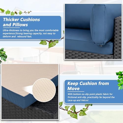 7 Piece Outdoor Patio Furniture Set with Black PE Rattan, Navy Blue - Image 5