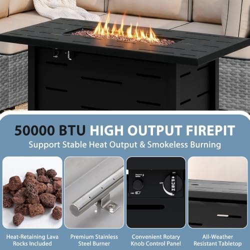 Shintenchi 6 Piece Outdoor Patio Furniture Set with 43 Inch Propane Fire Pit, Washable Cushions, Glass Coffee Table, Waterproof Cover & CSA Certified for Backyard Poolside, Silver PE Rattan/Khaki - Image 5
