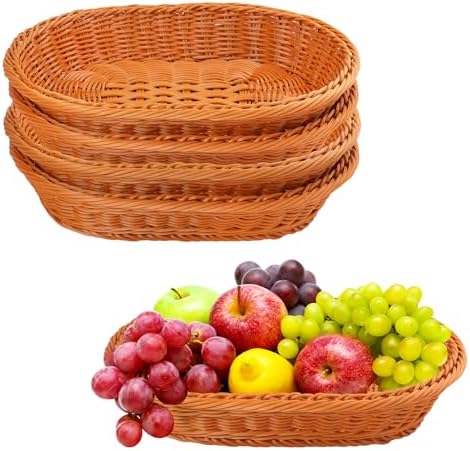 5 Pack 13.8 Inch Oval Poly Wicker Baskets, Plastic Oval Wicker Baskets, Rustic, Durable & Easy-Cleaning Wicker Bread Basket, for Home, Restaurant & Hotel Use, Brown by Geytetqi