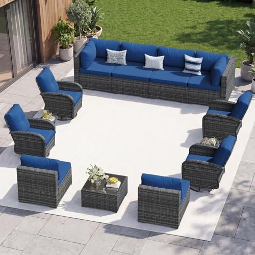 Aoxun 13 Piece Outdoor Patio Furniture Set with Coffee Table, Wicker Rattan Outdoor Furniture with High Back Swivel Rocker Chairs, Outdoor Conversation Set with Thick Cushion & Side Table, Navy Blue by Aoxun