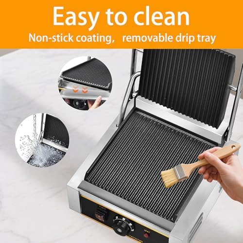 Commercial Panini Press - 1800W Commercial Electric Panini Sandwich Grill w/Nonstick Coating & Adjustable Temp, Panini Grill Press w/ 9" x 9" Cooking Pan, Double-sided Heating - Image 5