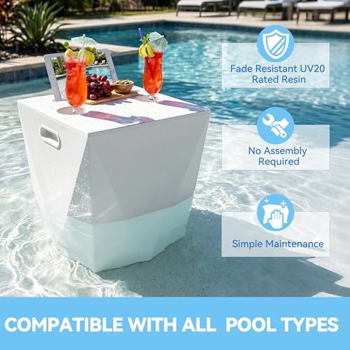 Modern Assemble-Free Outdoor Side Table, Pool Side Table for Inside Pool or on Patio, Lounger Table with 2 Cup Holders * 1 Tablet Holder, White - Image 4