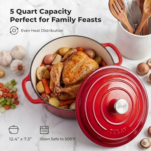 Zulay Kitchen 5 Quart Enameled Cast Iron Dutch Oven Pot with Lid – Premium Durability & Oven Safe up to 500°F – Heavy Duty Cookware Perfect for Bread Baking, Stews, Braising & Roasting – Ablaze Red - Image 6