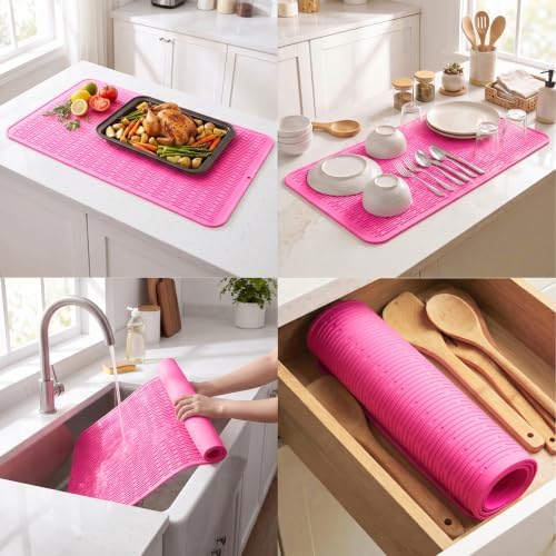 MicoYang Silicone Dish Drying Mat for Multiple Usage,Easy clean,Eco-friendly,Heat-resistant Silicone Mat for Kitchen Counter or Sink,Refrigerator or Drawer Liner Rose 5XL 36inches x 18inches - Image 4