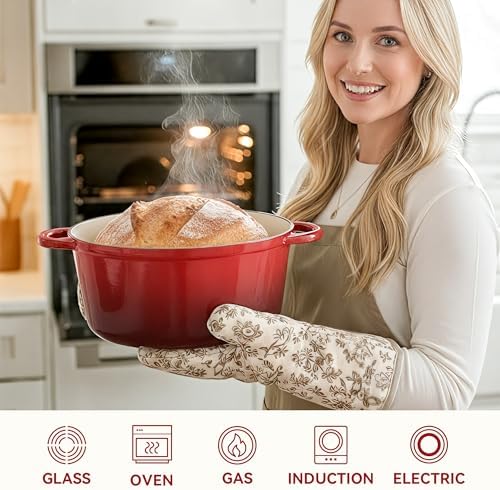 6 Quart Dutch Oven Pot with Lid, Non Stick Enameled Cast Iron Dutch Oven for Bread Baking, Heavy-Duty, Oven Safe Ceramic Cookware Up to 500°F for Baking, Braising, Stews, Roasting, Red - Image 5