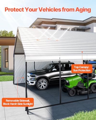 VEVOR Heavy Duty Metal Carport, 20 x 20 ft Outdoor Carport with Sturdy Frame & Roof, Car Garage Shade with Removable Sidewalls, Multi-Use Car Shelter for Pickup, Boat, Trucks & Tractors - Image 3