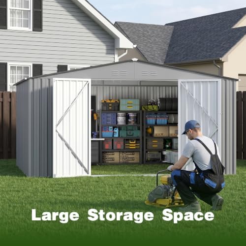 10 x 12 FT Outdoor Storage Shed, Heavy Duty Metal Shed with Lockable Double Door, Sloped Roof & Vents for Garden Backyard Lawn,Gray - Image 4