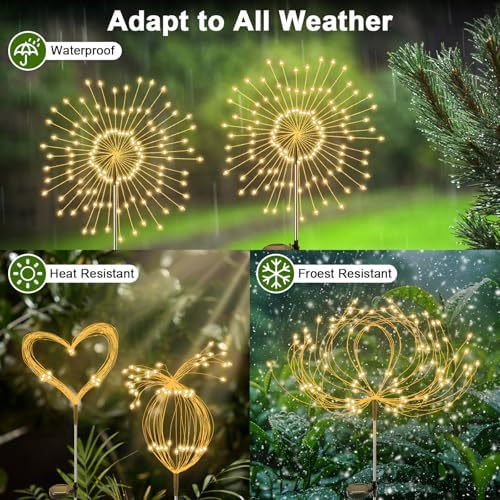 Solar Garden Lights Outdoor, 2 Pack 120 LED Twinkling Firework Lights Decorative with 2 Modes, Outdoor Waterproof Solar Starburst Light for Outside Yard Pathway Garden Decor, Warm White - Image 3