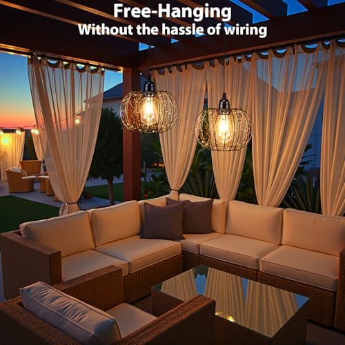 Battery Operated Hanging Chandelier Outdoor, Set of 2 with Remote, No Wiring, Boho Copper Wire Beaded Pendant Light, IP55 Weatherproof, Dimmable Timer, for Gazebo Pergola Porch Patio Decor - Image 7