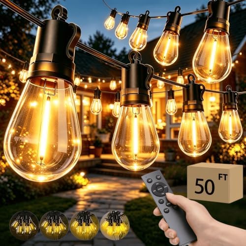 Outdoor Patio String Lights: S14 Shatterproof Bulb Outside Waterproof Light - 50FT 15M Remote Dimmable Connectable Hanging Outdoor Electric Lighting - Garden Backyard Yard Gazebo Porch Party by Vozuji