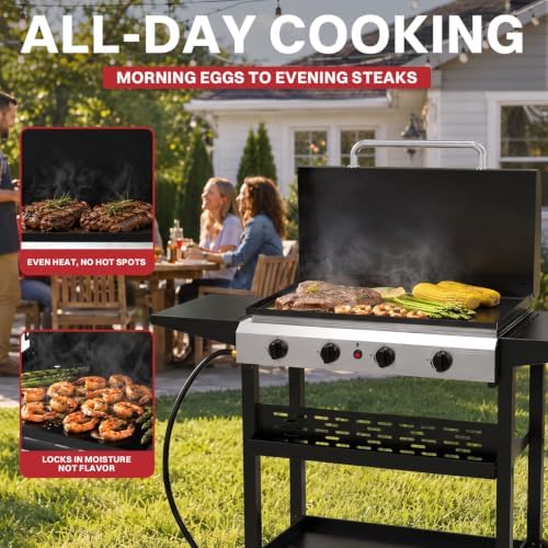 Pipopa 4-Burner Propane Griddle, Portable Flat Top Grill with Wheels & Hood - Image 6