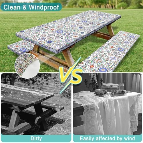 Picnic Table Cover with Bench Covers, Camping Essentials, Buffalo Plaid Waterproof Windproof Camping Tablecloth, Fitted Tablecloth Cover with Elastic Edge, for Garden & Outdoor, 3 PCS, 30x96 Inch - Image 5