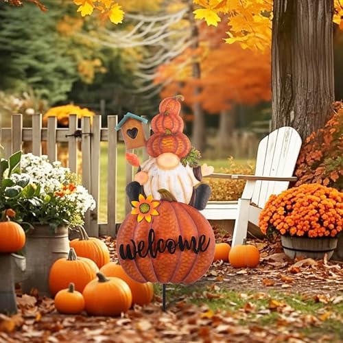TERESA'S COLLECTIONS Fall Outdoor Decor, Gnomes Decorations for Yard, Metal Pumpkin Fall Garden Decorations, Welcome Signs Stakes, Thanksgiving Orange Autumn Decor for Lawn Patio, 16" - Image 4