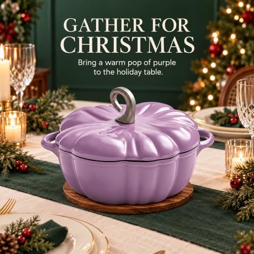 Pumpkin Cocotte Cast Iron Dutch Oven With Lid - Non-Stick Cooking Pot for Stew and Soup - Serves 3-5 - Halloween Thanksgiving Decor Gift (Purple) - Image 3