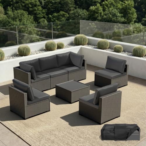 Patio Furniture Set - All-Weather - 7 Piece Patio Outdoor Conversation Set, Modular Wicker Rattan Sectional Sofa for Backyard, Garden, Poolside, Balcony, Porch, Patio,Black/Dark Gary by Unknown