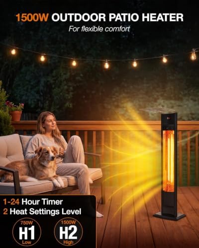 hykolity Electric Patio Heater 38.5in, 1500W Infrared Indoor & Outdoor, Portable Standing Space Heater with IPX4 Waterproof, Tip-Over, Overheat Protection for Patio, Backyard,Living room - Image 3