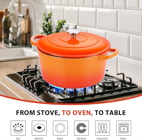 E-far 6 Quart Dutch Oven, Enameled Cast Iron Dutch Oven Pot with Lid, Nonstick Round Cookware for Braising/Stews/Roasting/Bread Baking/Cooking, Heavy Duty, Induction & Oven Safe - Orange - Image 6