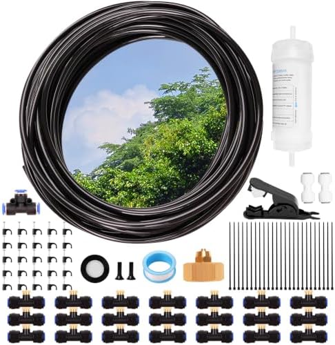 Misting Cooling System, 62FT (19M) Misting Line + 21 Brass Mist Nozzles + Water Filter + Brass Adapter(3/4") Outdoor Mister for Patio Garden Greenhouse Trampoline Coop (Blue) by Unknown