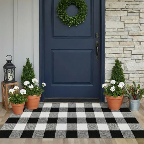 MUBIN Fall Decor Cotton Buffalo Plaid Rug, 24x52 Black and White Outdoor Rug Front Door Decorative Mat, Washable Doormat Foldable Area Rug Layered Door Mats Rug for Front Porch, Entryway, Patio - Image 3