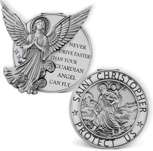 Guardian Angel Visor Clip for Car, St Christopher Medal for Car, Never Drive Faster Clip 2.95 Inch, Drive Safe Inspirational Gifts for Women Men (2pcs -1 Guadian Angel & 1 St. Christopher) by Meliatomia