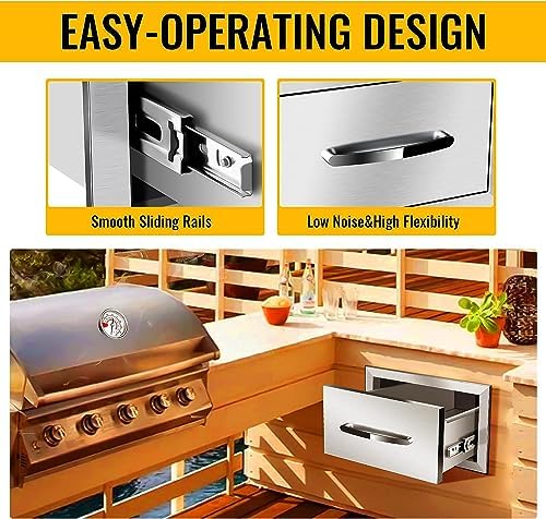 Outdoor Kitchen Drawer Single BBQ Drawer Stainless Steel BBQ Access Drawer with Handles, Flush Mount Storage Enclosed Cabinets Horizontal BBQ Island Drawers (14" Wx23 Dx8.5 H) - Image 4