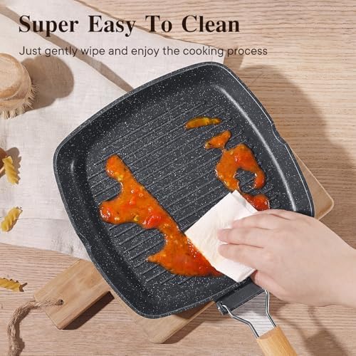 GiPP 9.5 Inch Nonstick Grill Pan with Folding Handle,Square Grill Skillet - Image 4