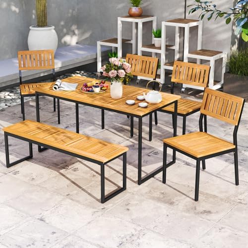 Tangkula 6 Pieces Outdoor Acacia Wood Dining Set, Patio Table and Chairs Set with Bench and 2” Umbrella Hole, Outdoor Patio Dining Furniture Set for Lawn, Garden, Poolside, Backyard - Image 4