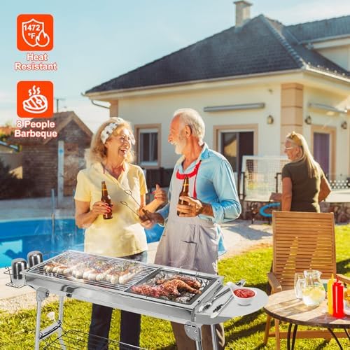 Charcoal Grills,Stainless Steel Folding Portable BBQ Grill Large Charcoal Grill for Garden Backyard Party Picnic Travel Outdoor Cooking Use With Non-Stick Frying Pan - Image 2