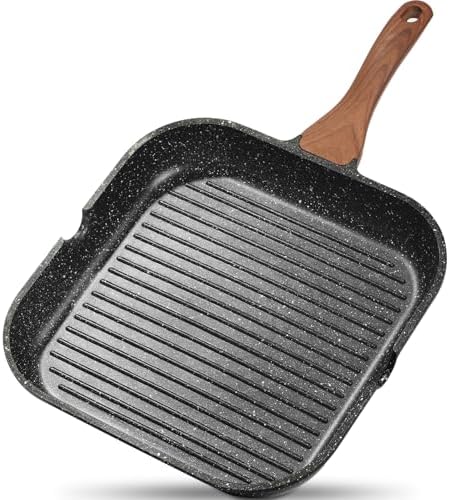 ESLITE LIFE Nonstick Grill Pan for Stove Tops, Versatile Griddle with Pour Spouts, 9.5 Inch Square Big Grilling Skillet Steak Pan for Indoor & Outdoor Cooking, PTFE & PFOA Free, Black by ESLITELIFE