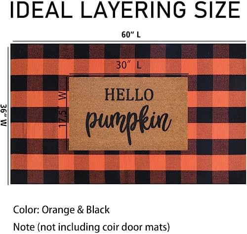 Orange and Black Plaid Rug, 3' x 5' Fall Outdoor Front Door Decor Mat, Cotton Washable Hand-Woven Rug for Layered Doormat, Autumn Halloween Thanksgiving Carpet for Porch, Entryway - Image 2