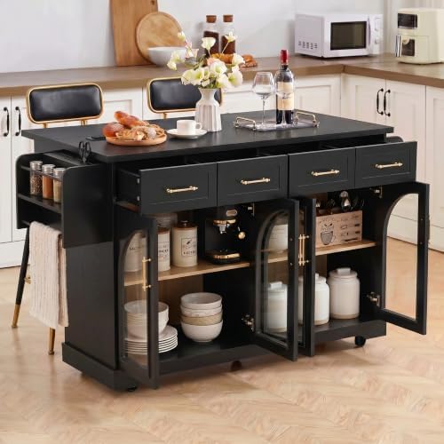 65" Rolling Kitchen Island with Storage and Drop Leaf & Arched Door Black by JIJIWANG