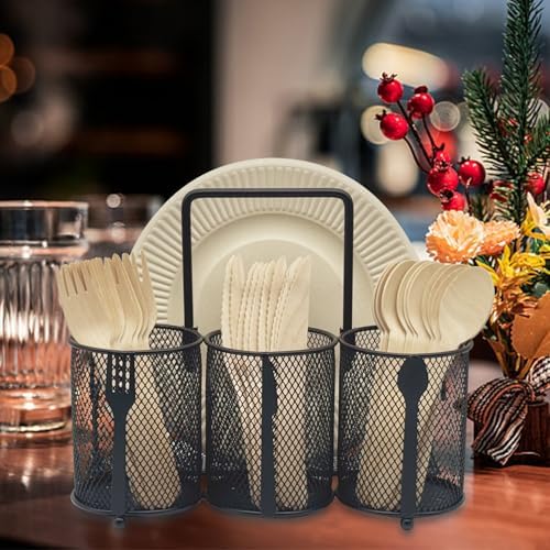 DysanVica Utensil Caddy Silverware Holder - 4 Compartment Metal Mesh Cutlery Fork Spoon Napkin Plate Organizer Flatware Storage Basket Party Kitchen Countertop Buffet Picnic Camping Outdoor BBQ Black - Image 6