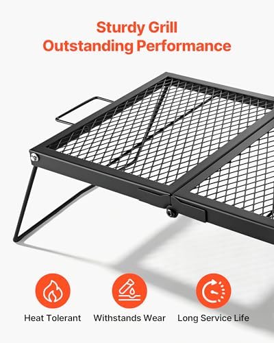 VEVOR Heavy Duty Folding Campfire Grill, 24" Portable Camping Grill Grate, Sturdy Steel Mesh, Compact Equipment Over Fire Pit, with Legs and Handle, Grilling Rack for Outdoor Open Flame Cooking, Black - Image 6