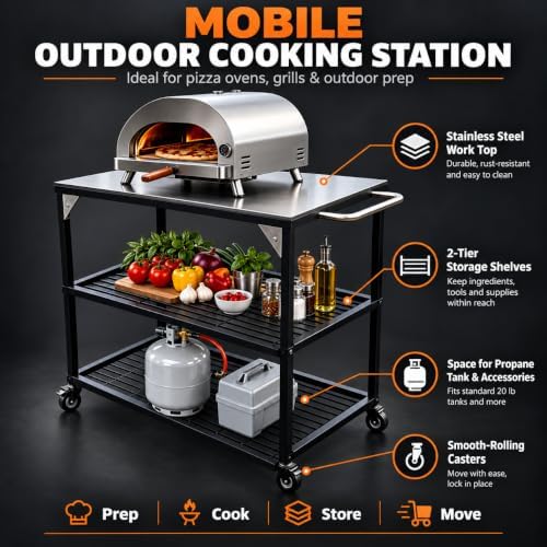 Outdoor Pizza Oven Table for Outside/Indoor & Outdoor Cooking Station/Grill Cart with Wheels/Metal Work Table for Ooni,Blackstone Griddle - Image 3