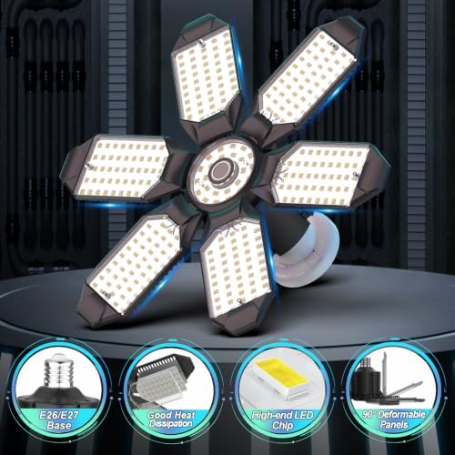 Led Garage Lights 2 Pack 200W Super Bright Ceiling Led Shop Lights, E26/E27 Base, 6500K, 22000LM Deformable Garage Light Ideal for Basement, Attic and Workshop, Commercial Bay Lighting - Image 5