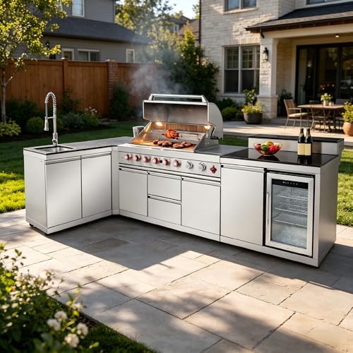 95.8'' Outdoor Kitchen Island, All-In-One 6+1 Burner Modular Outdoor Kitchen for Backyards, 95500 BTU, BBQ Grill with 304 Stainless Steel, Silver Outdoor Kitchens with Sink, Refrigerator by Unknown