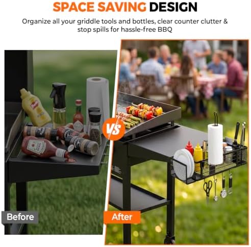 HOUSE AGAIN Grill Caddy for Blackstone Griddles, BBQ Organizer with Paper Towel Holder, Utensil Holder & Hooks, Outdoor Grill Storage Caddy for Condiments, Picnic Accessories Organizer, Camping & RV - Image 3