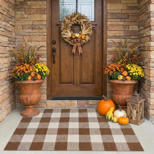 SEEKSEE Fall Decor Buffalo Plaid Outdoor Rug 27.5x43 Coffee and White Front Door Mat, Layering Rug for Porch, Fall Doormat, Front Porch Rug for Outdoor Entrance Entryway Patio Porch Decor - Image 3